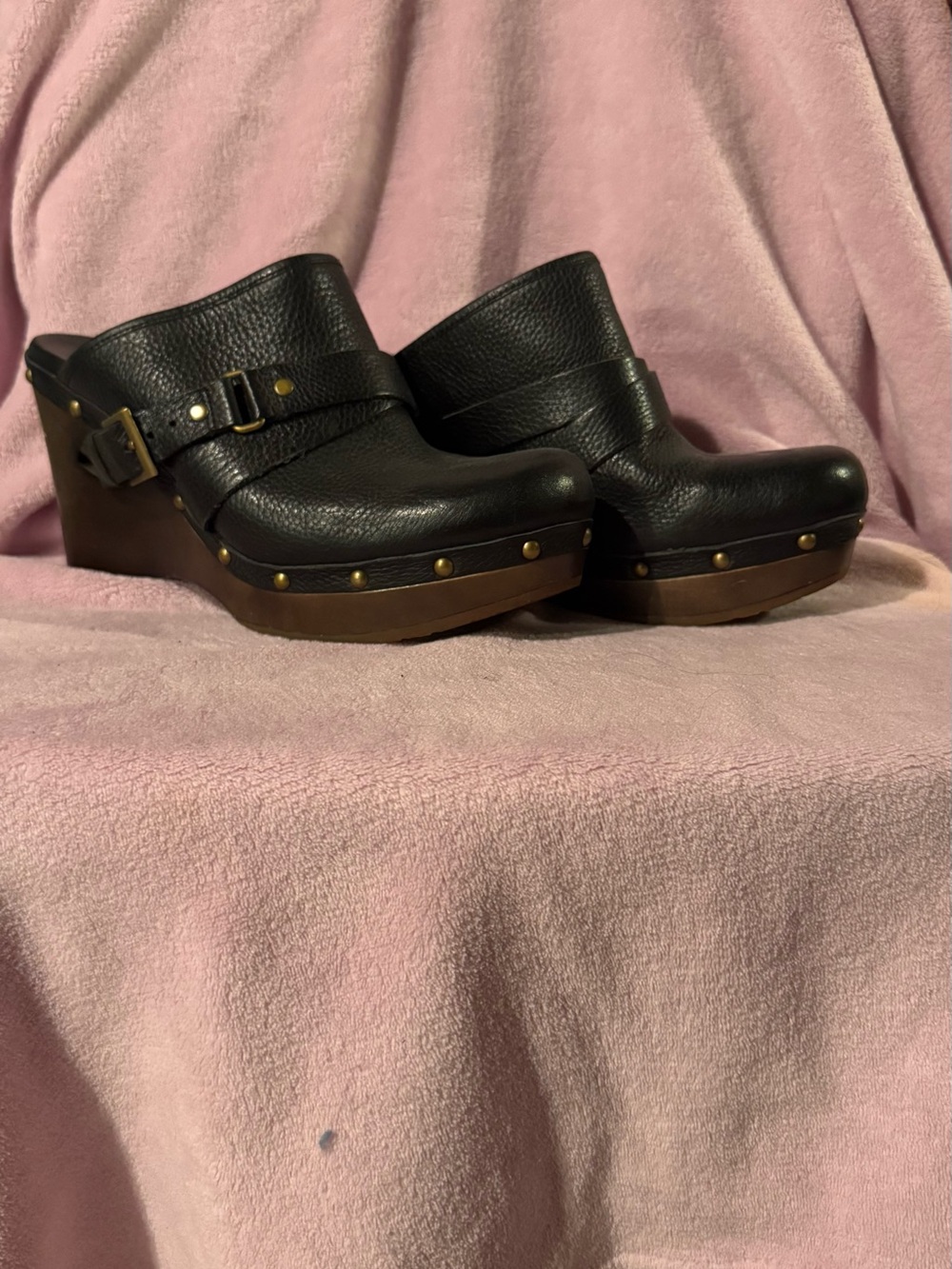 Women's Black Leather Wedge Clogs with Stud Detail